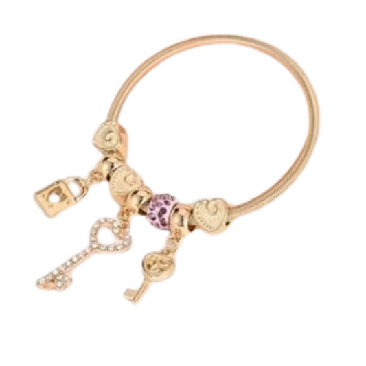 1pc Golden Bracelet, Key Lock And Heart-Shaped Faux Diamond Pendant.